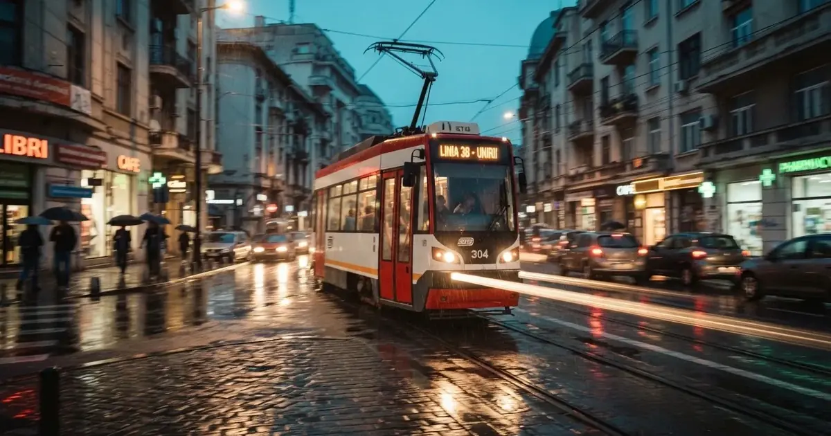 Un tramvai trecând repede pe o stradă udă, cu lumini estompate de mișcare — 100 lei depunere la cazinou în romania