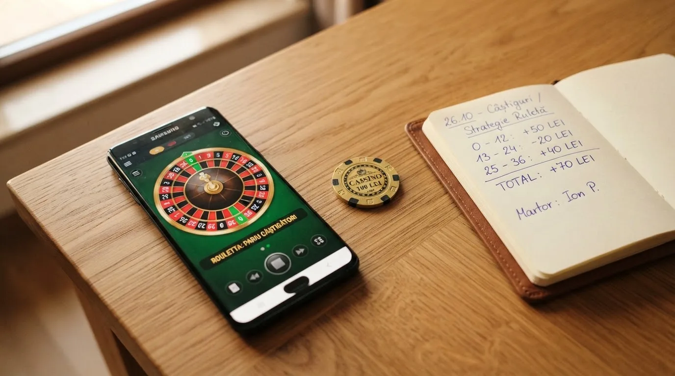 Smartphone așezat pe o masă de lemn lângă o monedă aurie și un calculator de buzunar, în lumina unei ferestre.