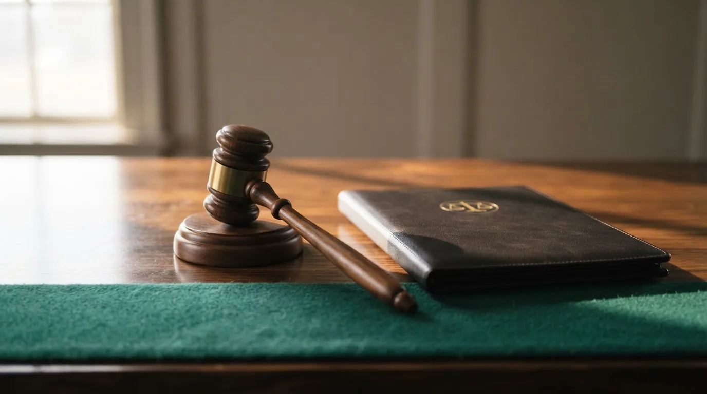 Un ciocan de judecător lângă un dosar de piele închis, pe o masă de nuc lustruit — bune cazinouri în românia