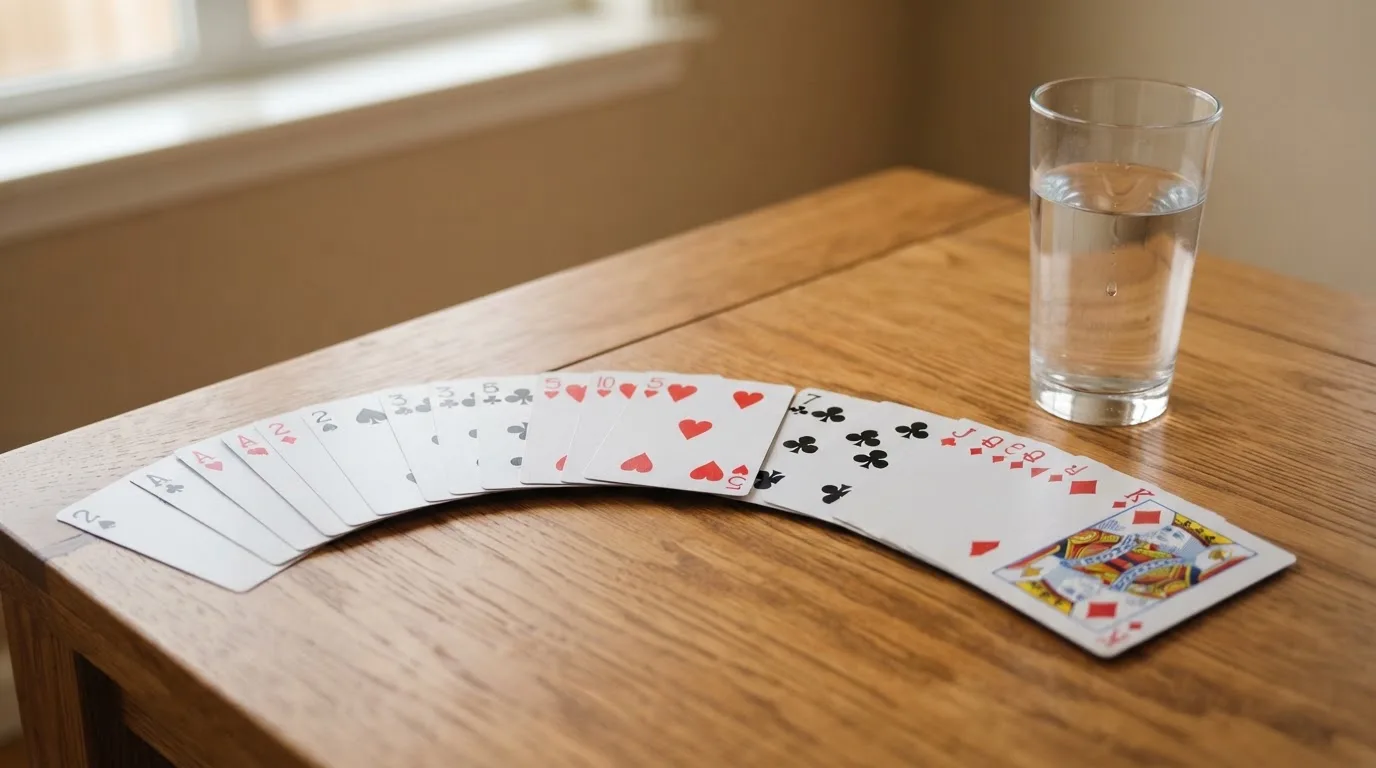 Un pachet de cărți de joc desfăcut evantai pe o masă de stejar, lângă un pahar cu apă — casino gratis în românia