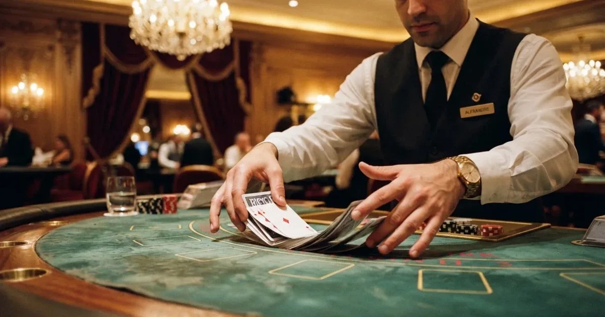 Mâinile unui crupier amestecă cărțile sub candelabrele unui cazinou elegant — casinouri online în romania