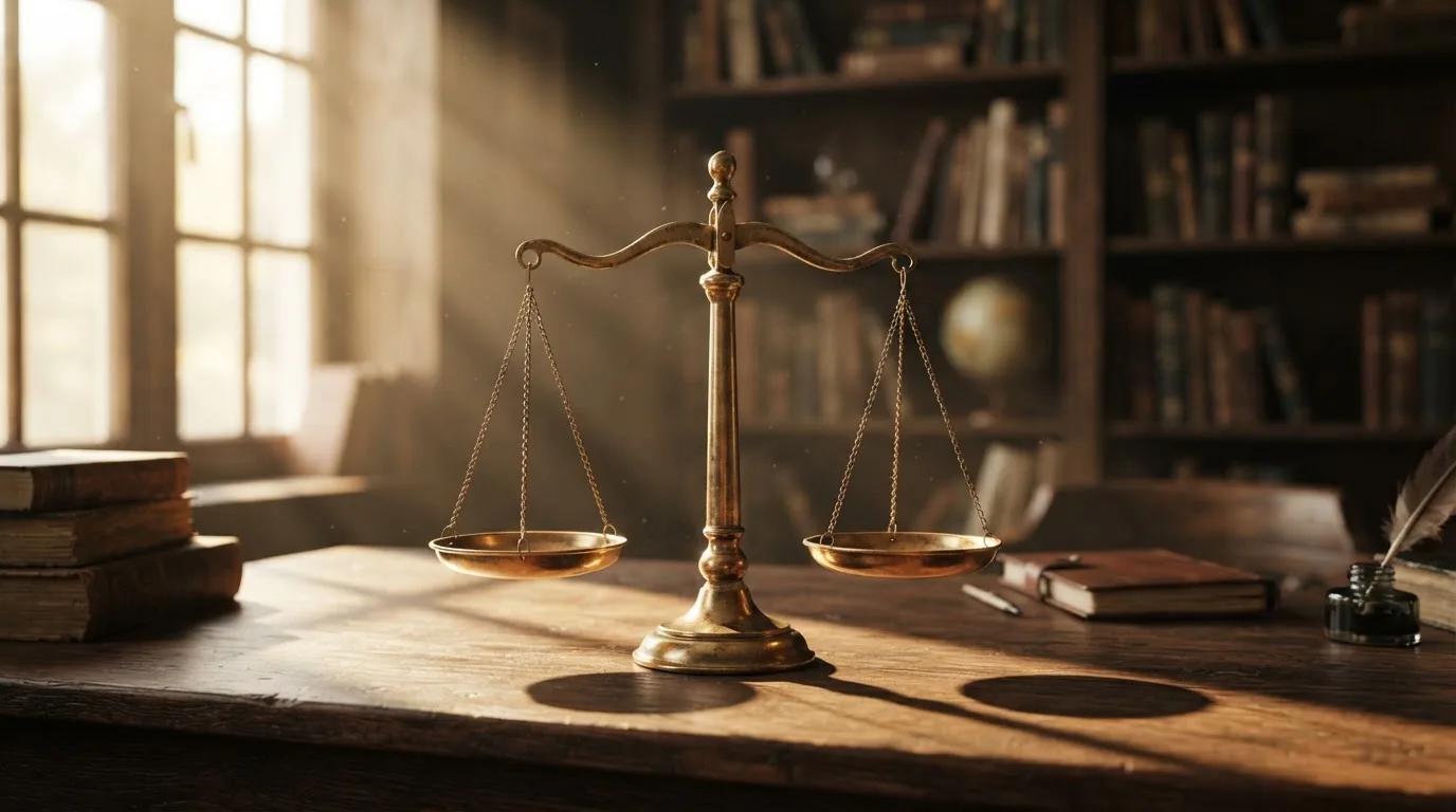 O balanță de alamă pe un birou de lemn, în lumina piezișă a unei ferestre înalte — casinouri online în romania