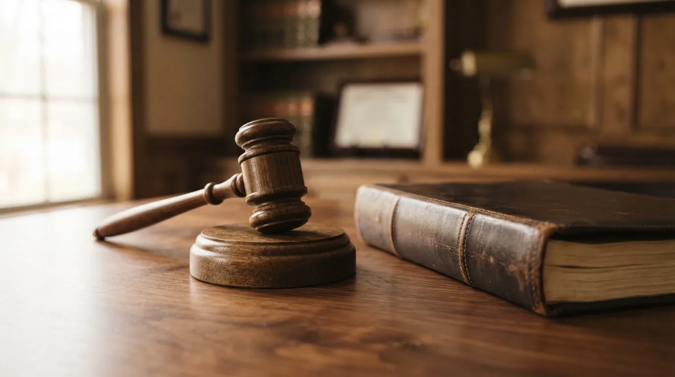 Un ciocan de judecător lângă un dosar de piele închis, pe o masă de nuc lustruit — cazino cu bani reali în românia