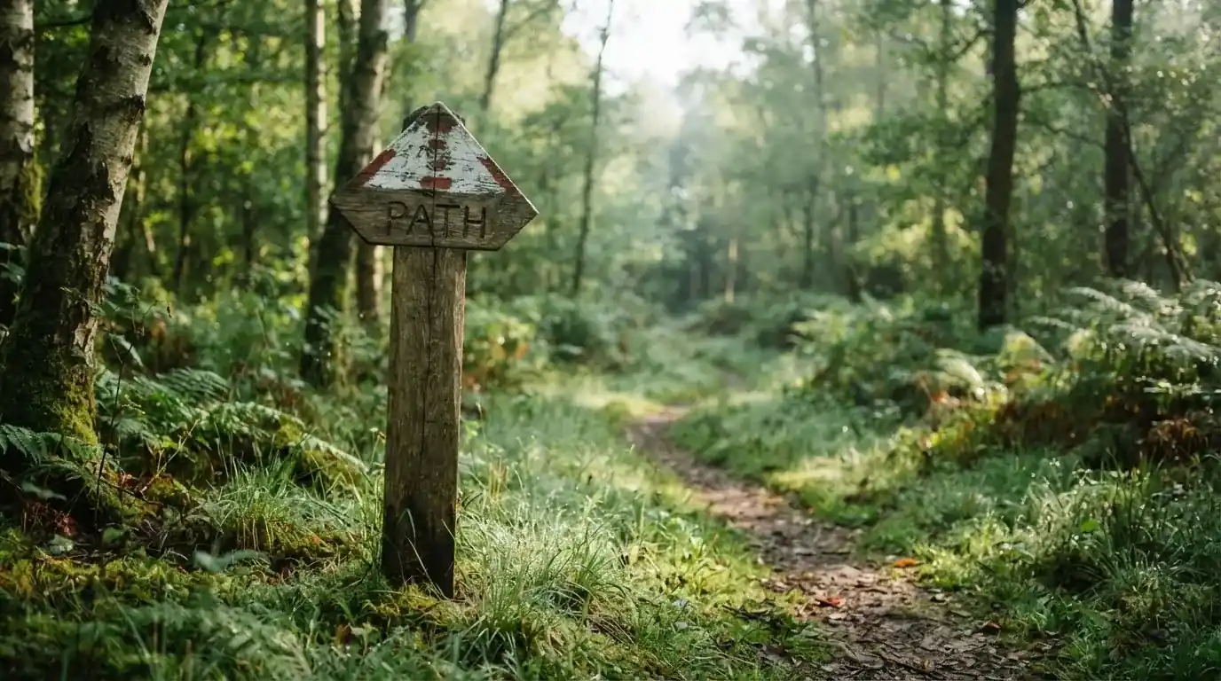 Săgeată de lemn indicând înainte pe o potecă dintr-o pădure, în lumina blândă a dimineții.