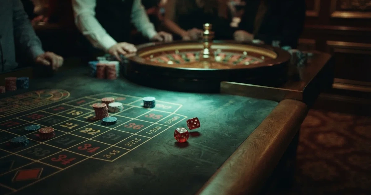 Zaruri roșii pe marginea unei mese de craps, sub o lumină verzuie — cazinouri cu ruletă în romania