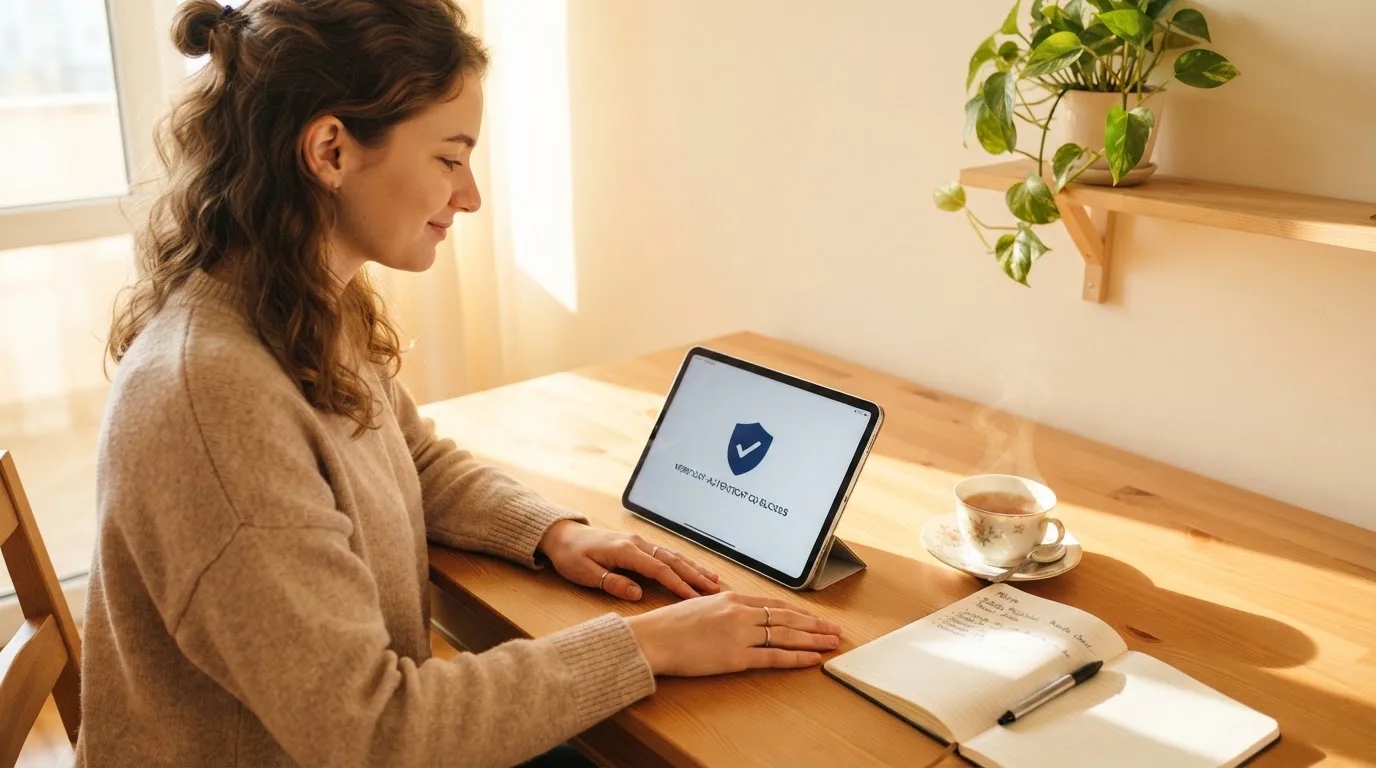 Adult tânăr stă la masa din sufragerie cu o tabletă în față și o cană de ceai, într-o cameră cu lumină naturală puternică.