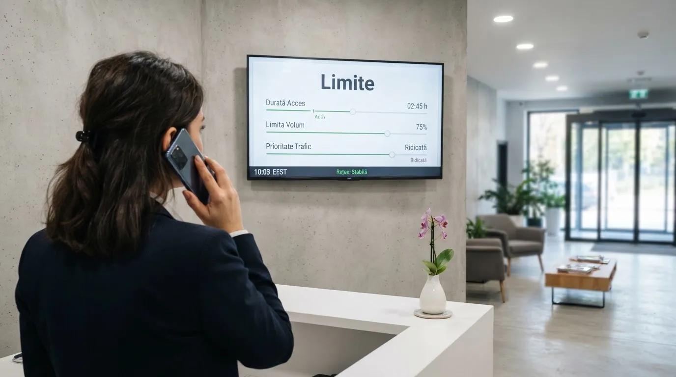 Birou de recepție într-un hol modern, cu un monitor discret pe un perete și o funcționară care răspunde la telefon.