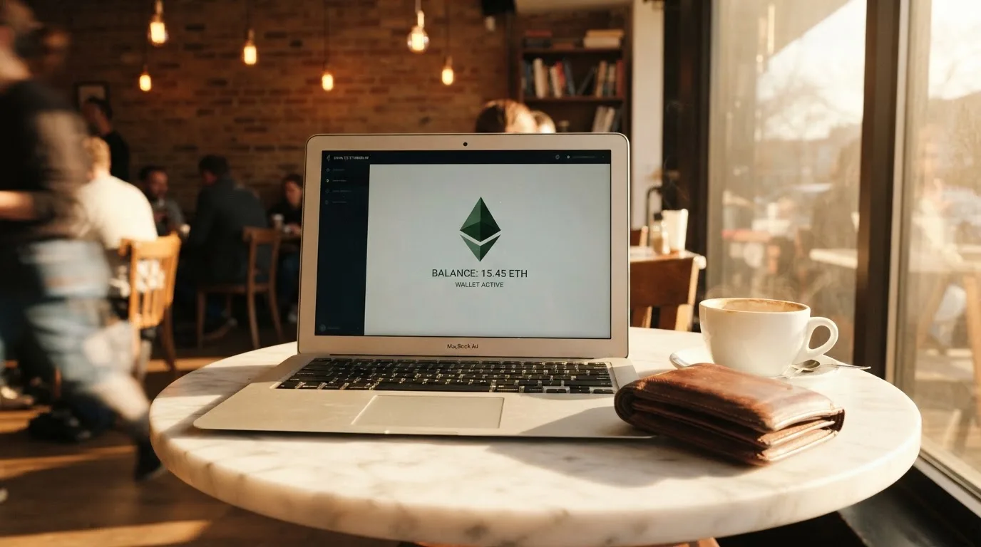 Laptop deschis pe o masă de cafenea, lângă un portofel de piele și o cană, cu lumina după-amiezii pe suprafața mesei.