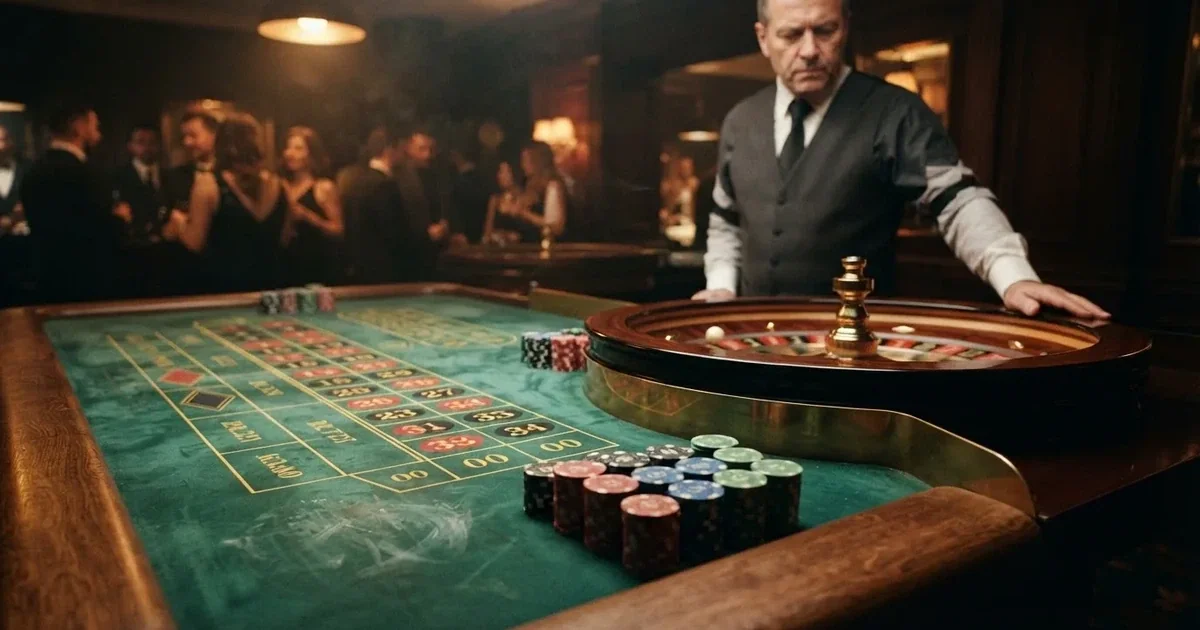 Un crupier în vestă neagră împarte cărți la o masă de blackjack, sub spoturi calde — jocuri de ruletă în română