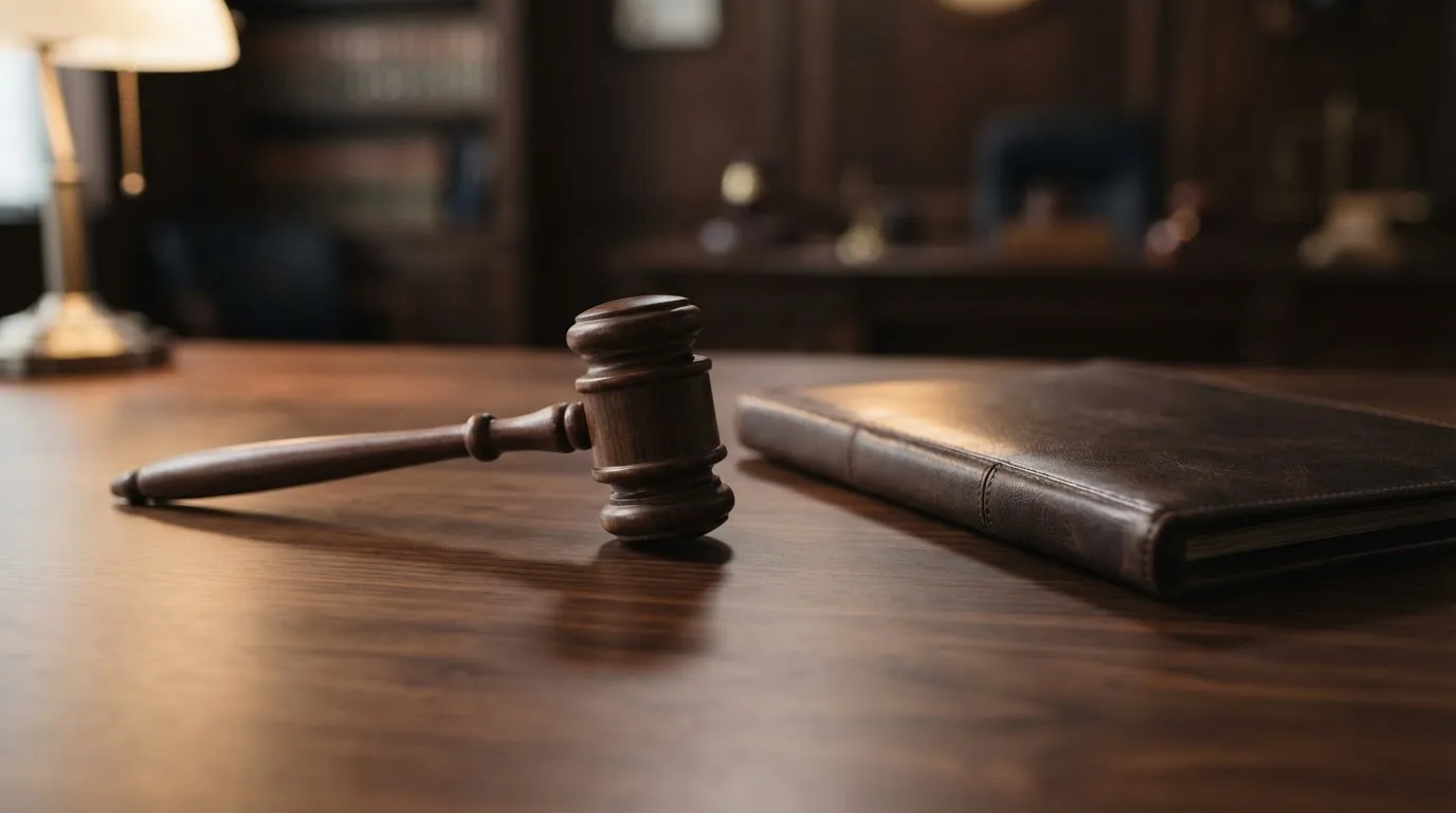 Un ciocan de judecător lângă un dosar de piele închis, pe o masă de nuc lustruit — live blackjack în românia
